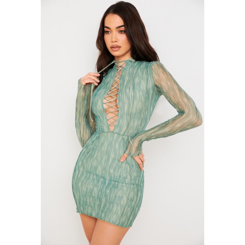๐HP๐ New House of CB Dylan Ivy Sexy Mesh Lace Up Long Sleeve Mini Dress Large - Picture 3 of 15